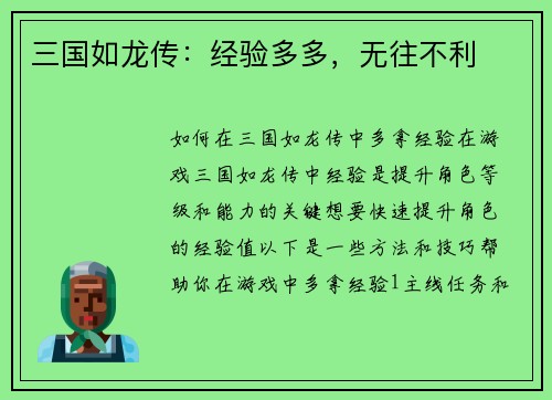 三国如龙传：经验多多，无往不利